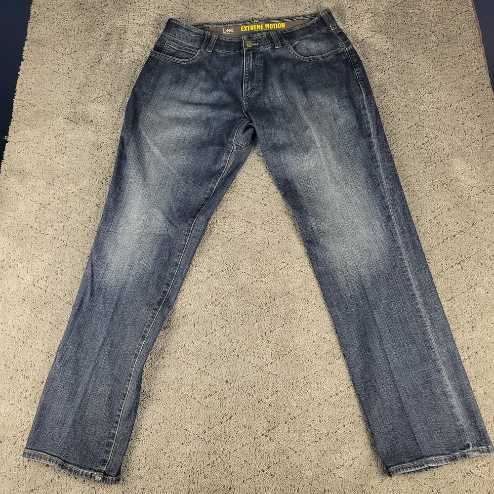 Lee Jeans‎ Mens 34x32 Blue Extreme Motion Straight Fit Tapered Leg Dark Wash